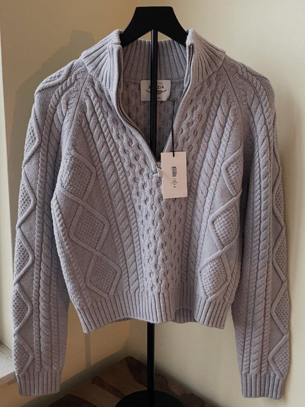 Aritzia Cable Knit Merino Wool Mastery 1/4 Zip Heather Chrome Size S - Picture 7 of 7